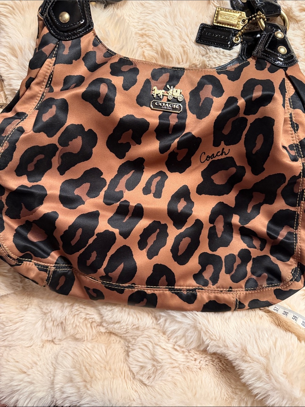 Coach Sateen Leopard-Print Shoulder Bag in Brown and Black